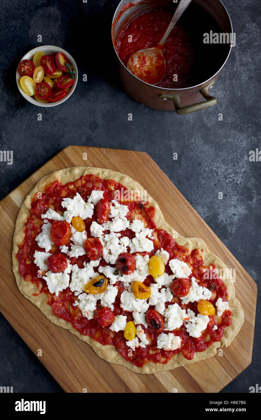 Roasted Tomato Pizza with a thin Olive Oil Cracker Crust. Photographed