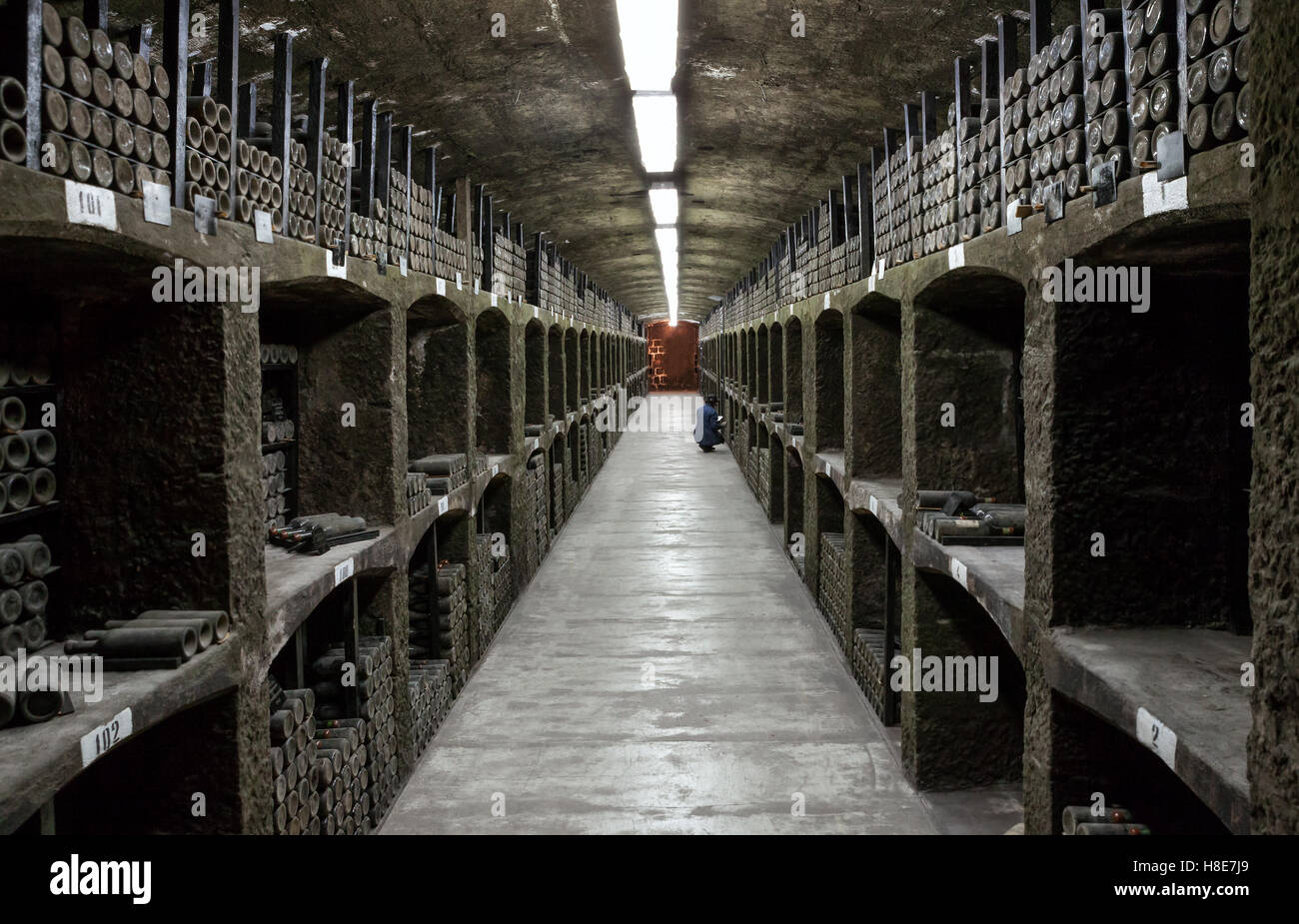 Crimea, Russia - June, 10, 2015: Large wine-cellar with racks of dusty ...
