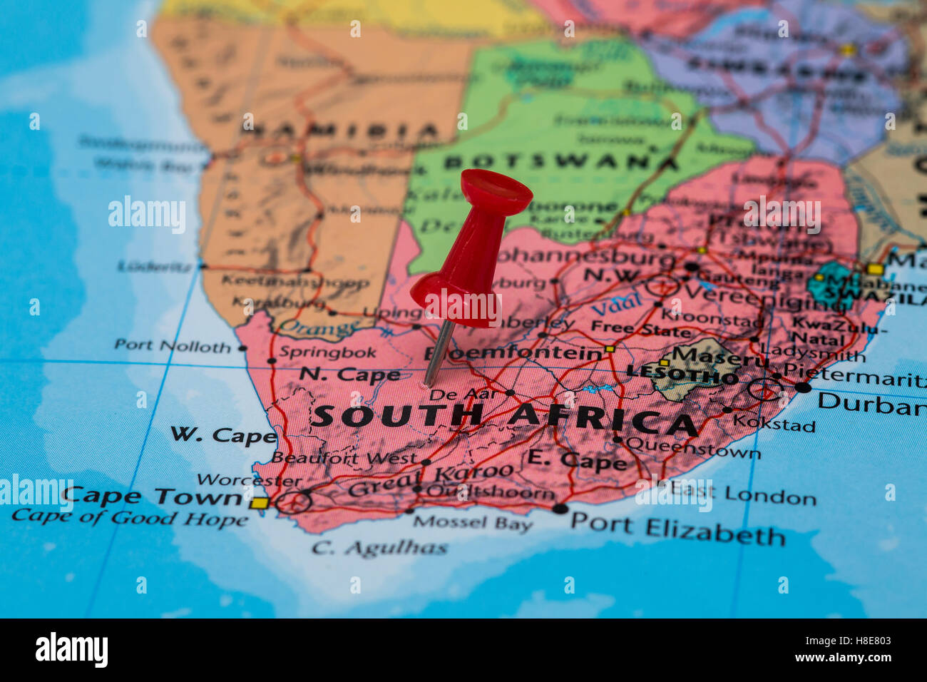 Map of South Africa with a red pushpin stuck Stock Photo - Alamy