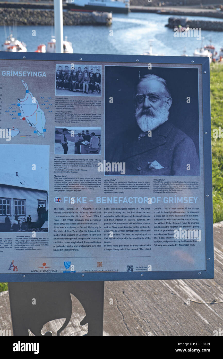 Information board commemorating Daniel Willard Fiske, island of Grimsey, northern Iceland. Stock Photo
