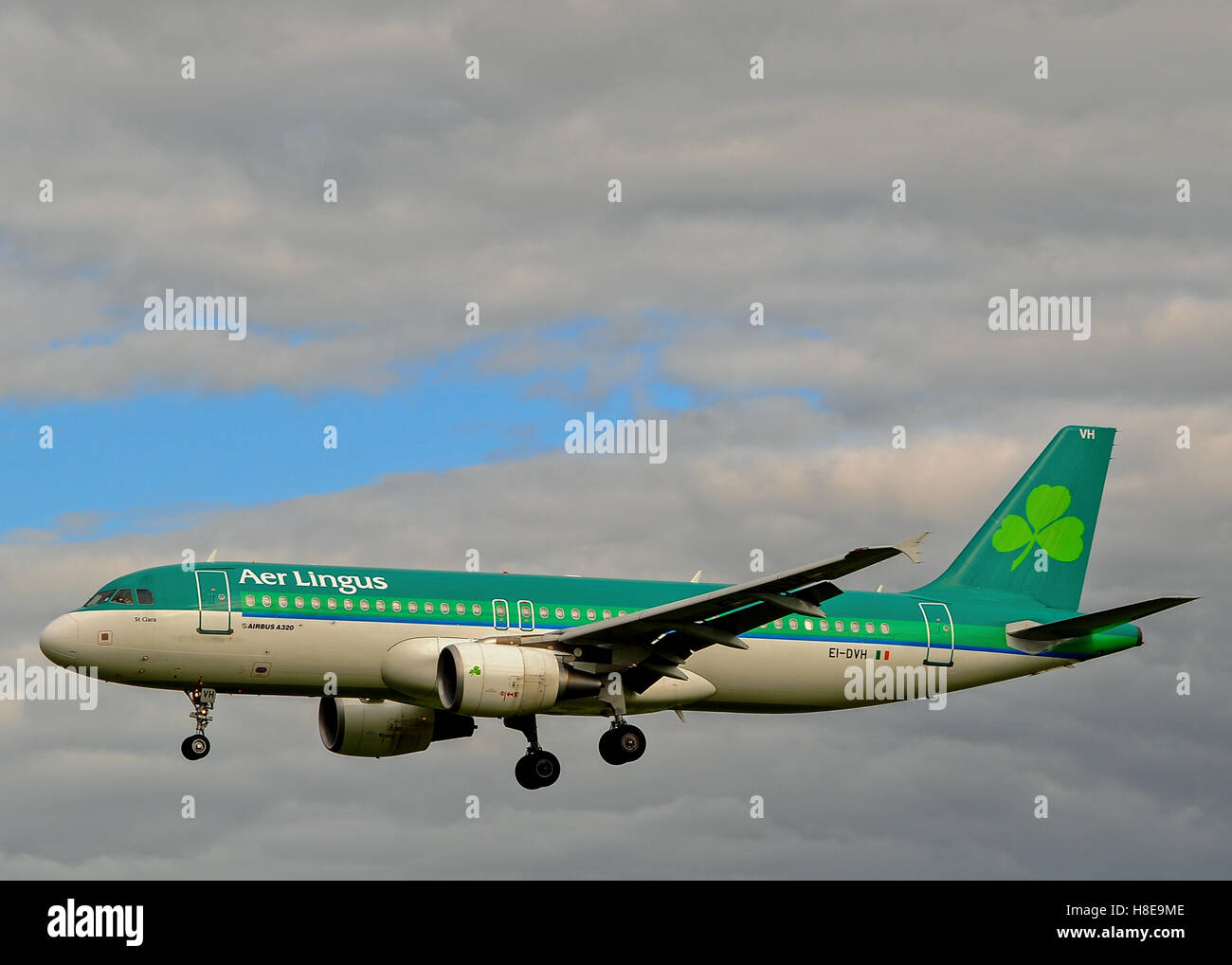 Aer Lingus Airbus A320 landing at Cork Airport, Ireland with copy space. Stock Photo