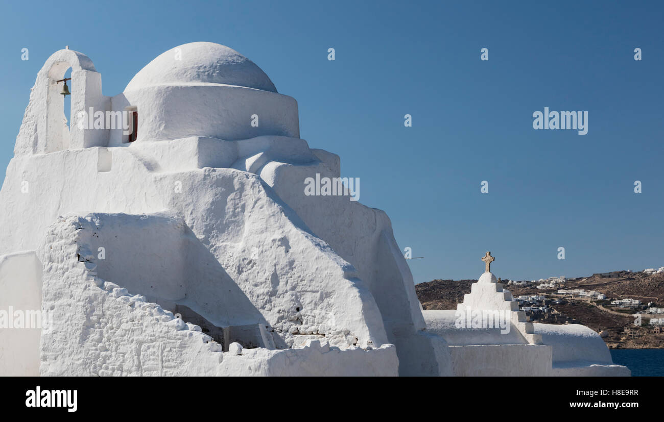 Famed whitewashed, domed Paraportiani church in Mykonos, Cyclades islands, Greece Stock Photo