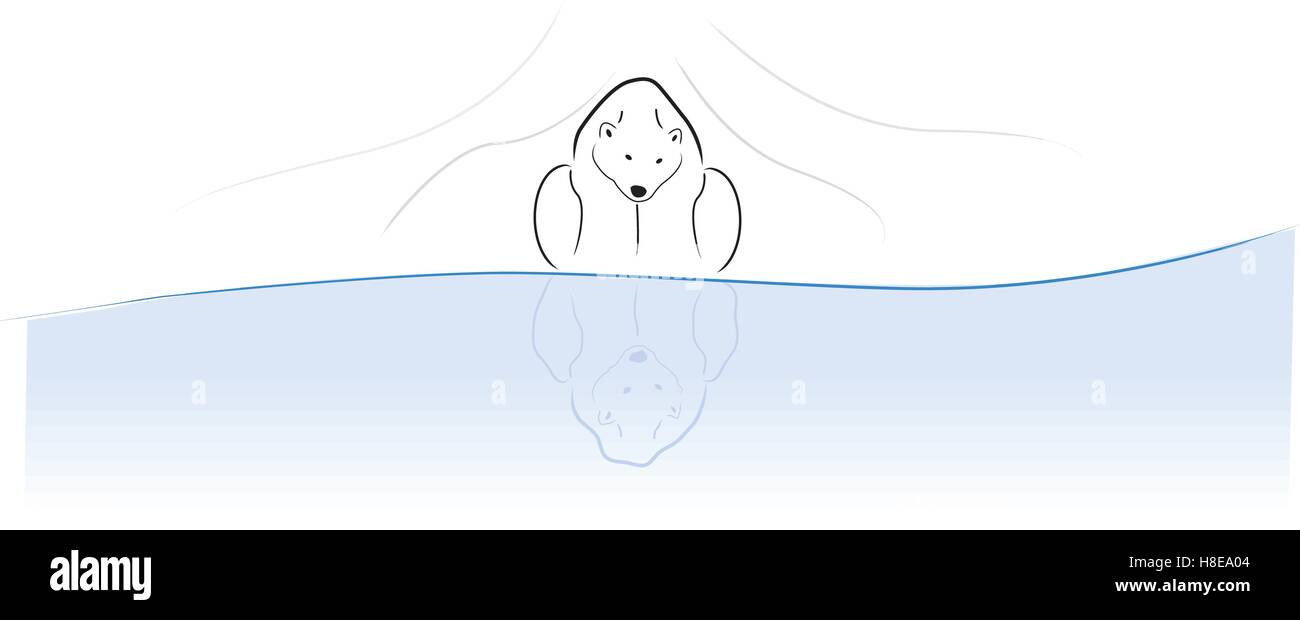Vector illustration of a Polar Bear looking down into reflection. Stock Vector