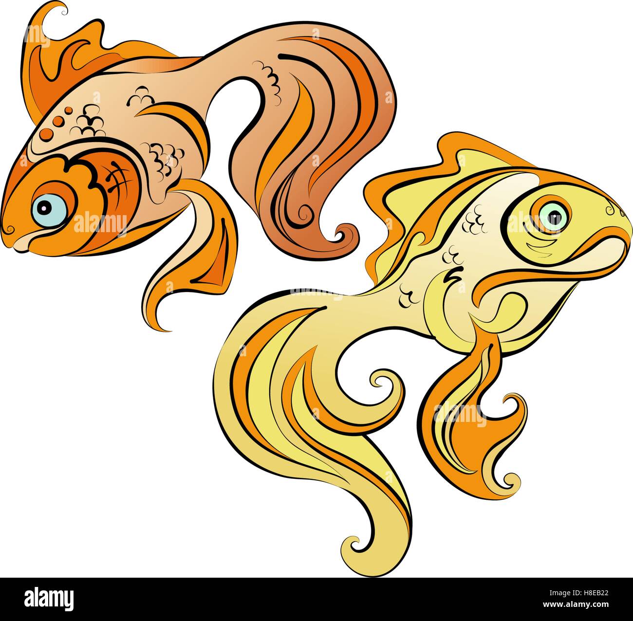 Illustration of two stylized gold fish on white background Stock Vector