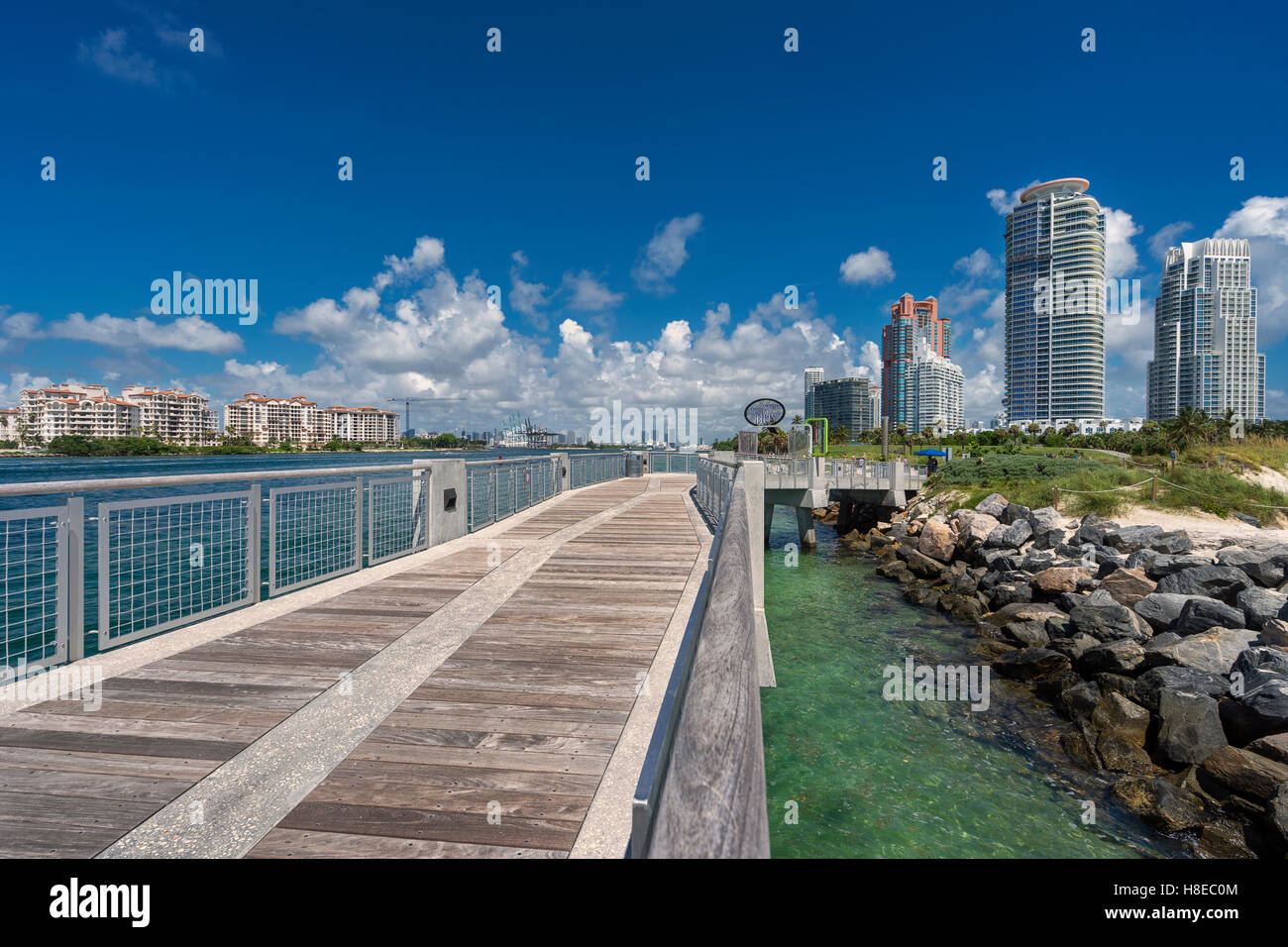 A beautiful Saturday afternoon in Miami’s South Pointe Pier. From here you can see the world famous Fisher Island. Stock Photo
