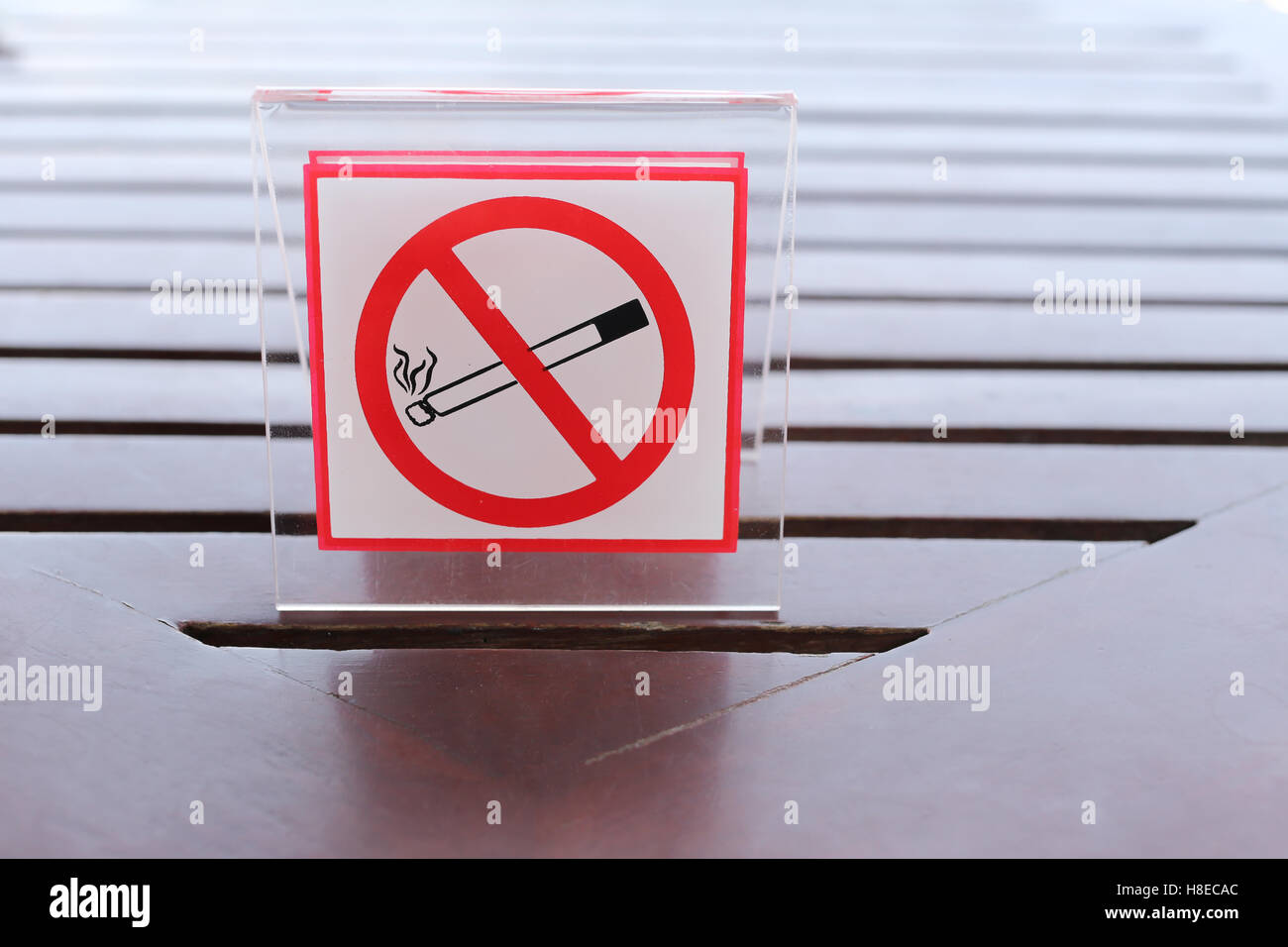 Signs of no smoking on the table in restaurant. Stock Photo
