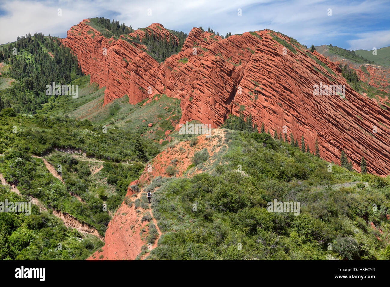 Kyrgyzstan - man trekking near Jeti oguz rocks -  Travel people Central Asia Stock Photo