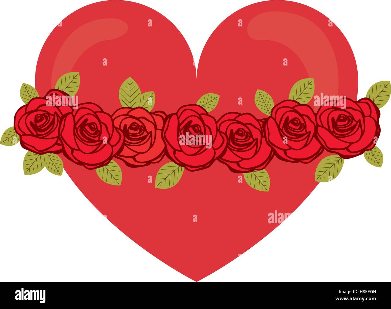 red heart with wreath of roses over white background. vector