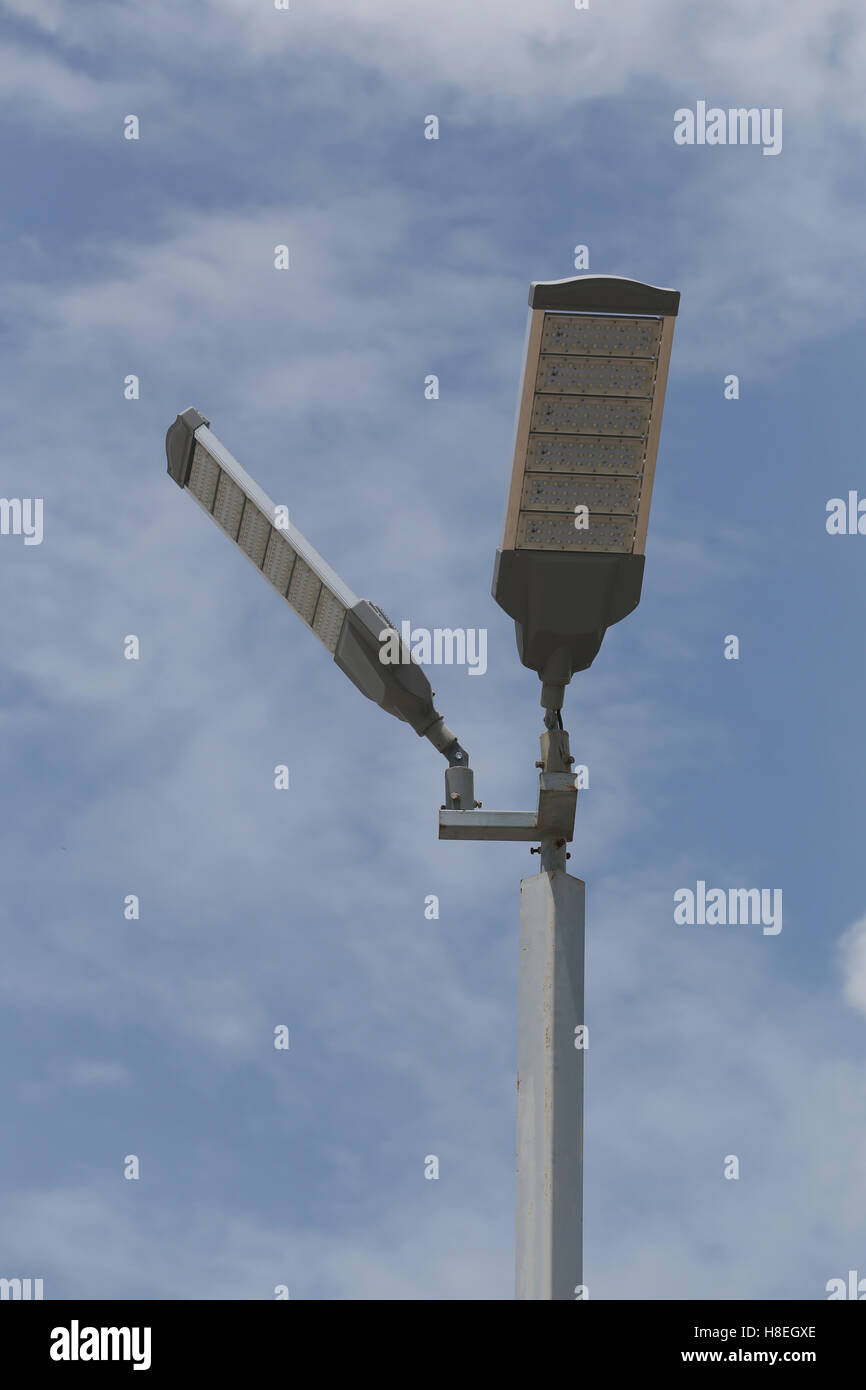Pole of LED Lighting outdoor on sky background. Stock Photo
