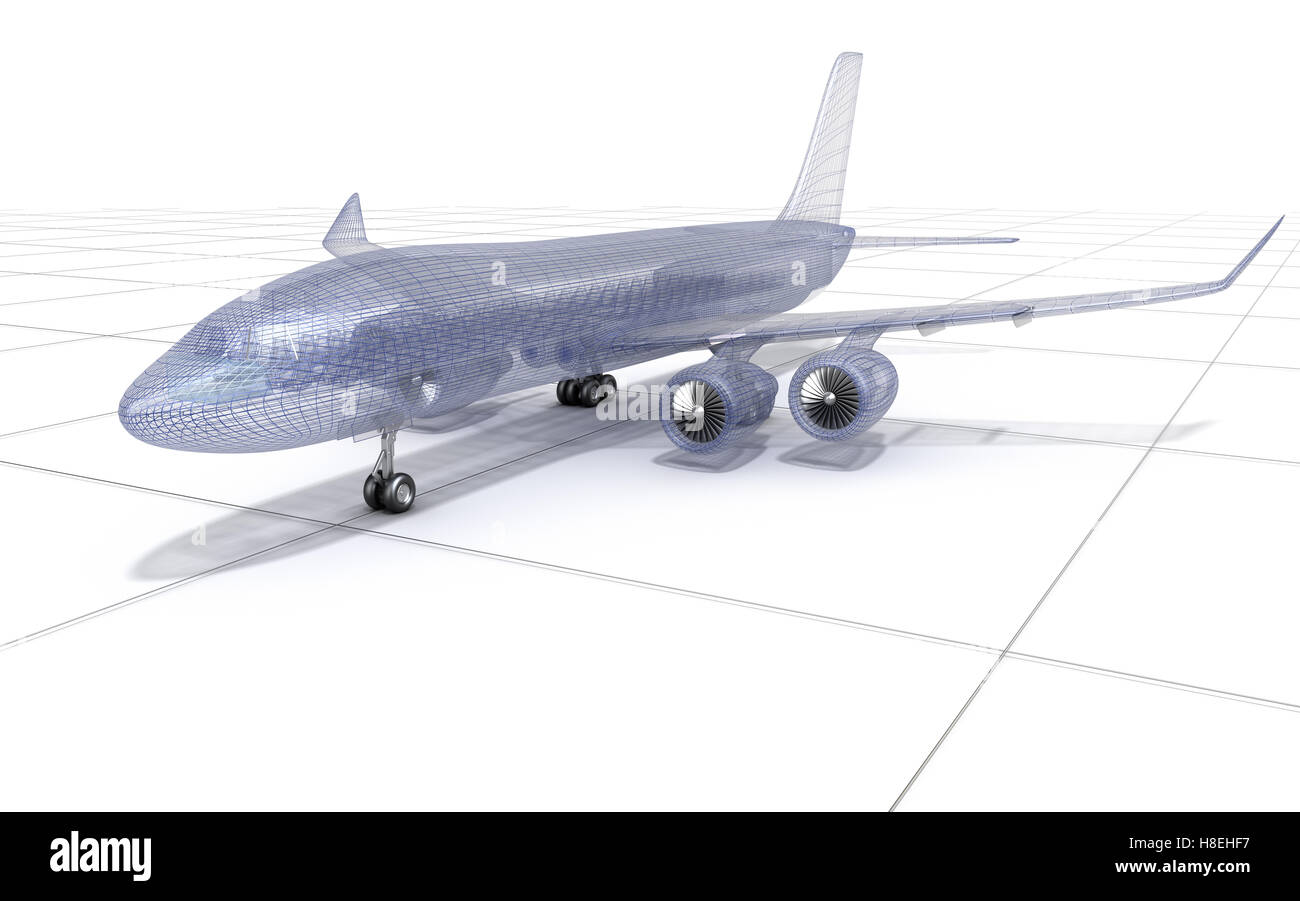 Airplane wire model , isolated on white. 3D illustration Stock Photo