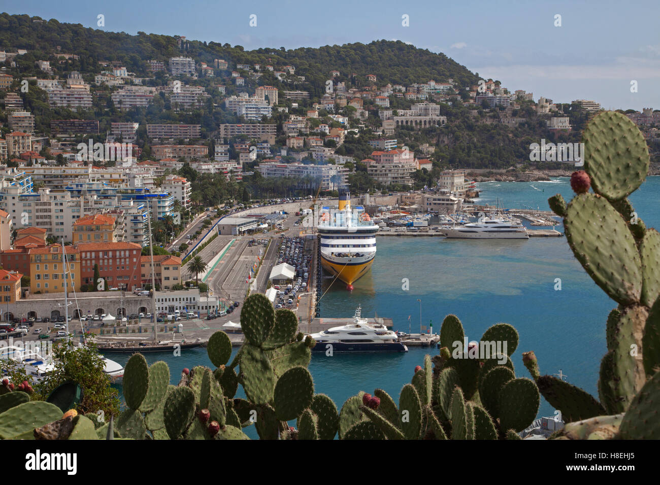 The Port of Nice with Mont Boron beyond viewed from Château Hill Stock Photo