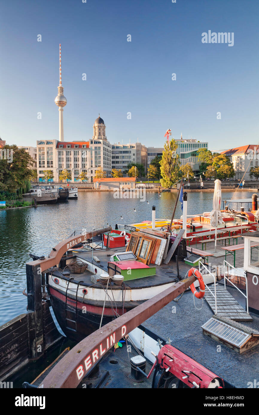Historical port, Maerkisches Ufer, Spree River, Berliner Fernsehturm (television tower), Berlin, Germany, Europe Stock Photo