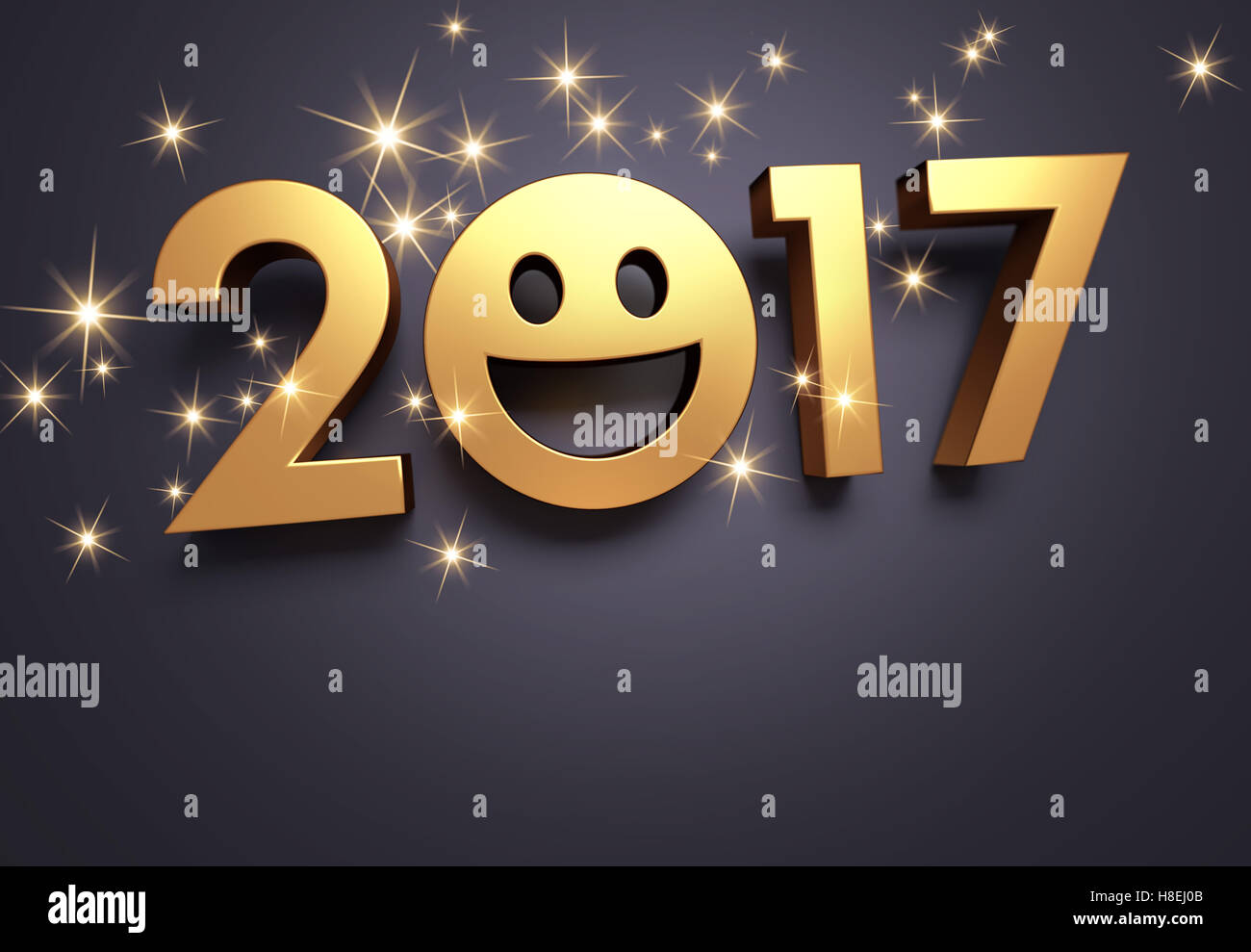 Gold 2017 New Year with a smiling face symbol, on a festive black background - 3D illustration Stock Photo
