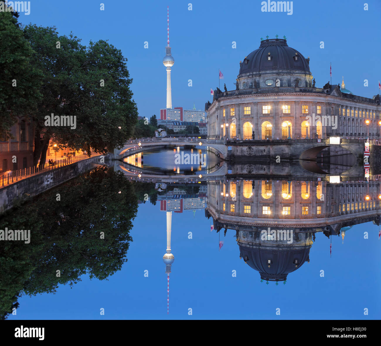 Bode Museum and TV Tower reflecting on Spree River, Museum Island, UNESCO World Heritage Site, Mitte, Berlin, Germany, Europe Stock Photo
