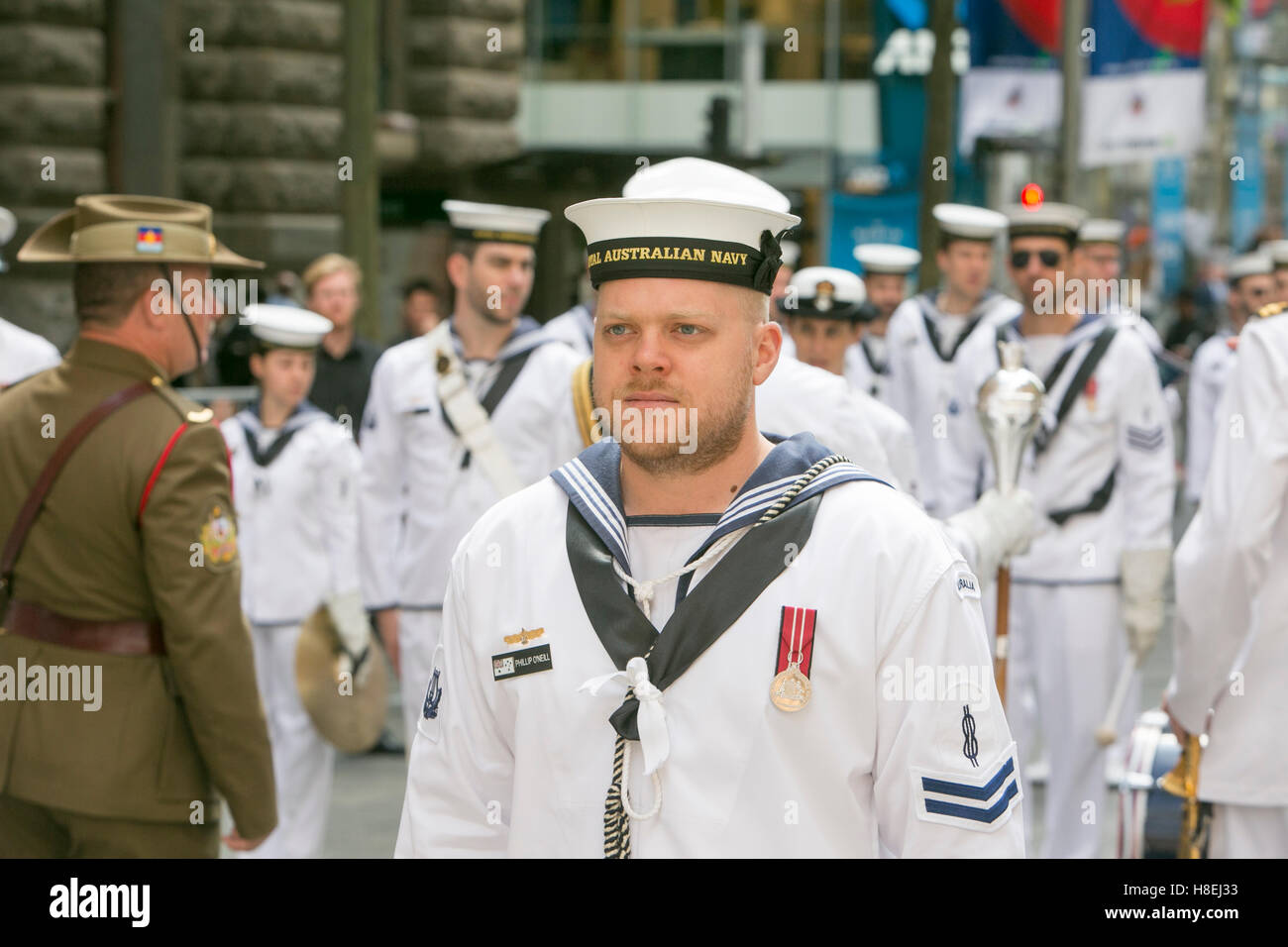 Royal Australian Navy band at the Remembrance Armistice Day service in Martin Place Sydney on 11th November 2016 Stock Photo