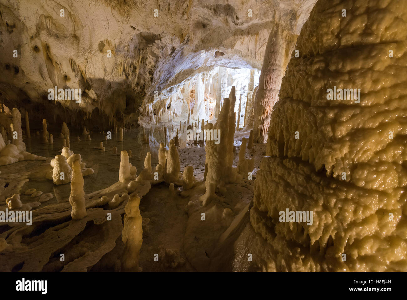 The natural show of Frasassi Caves with sharp stalactites and stalagmites, Genga, Province of Ancona, Marche, Italy, Europe Stock Photo