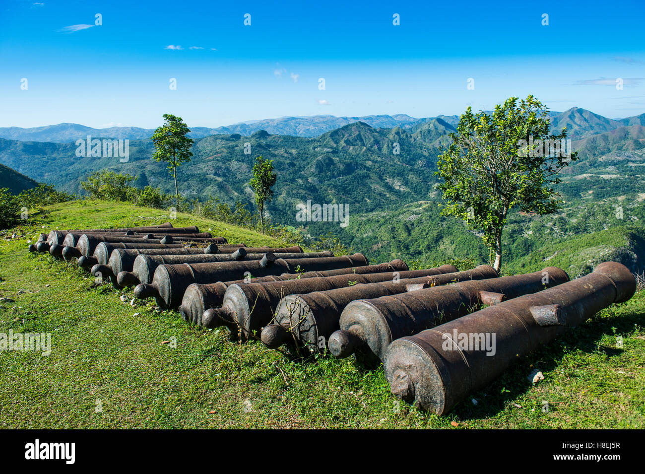 Old cannons in front of the Citadelle Laferriere, UNESCO World Heritage Site, Cap Haitien, Haiti, Caribbean, Central America Stock Photo
