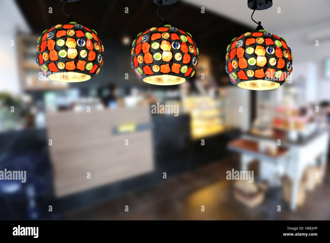 Warm lighting modern ceiling lamps in the cafe and interior decoration ...