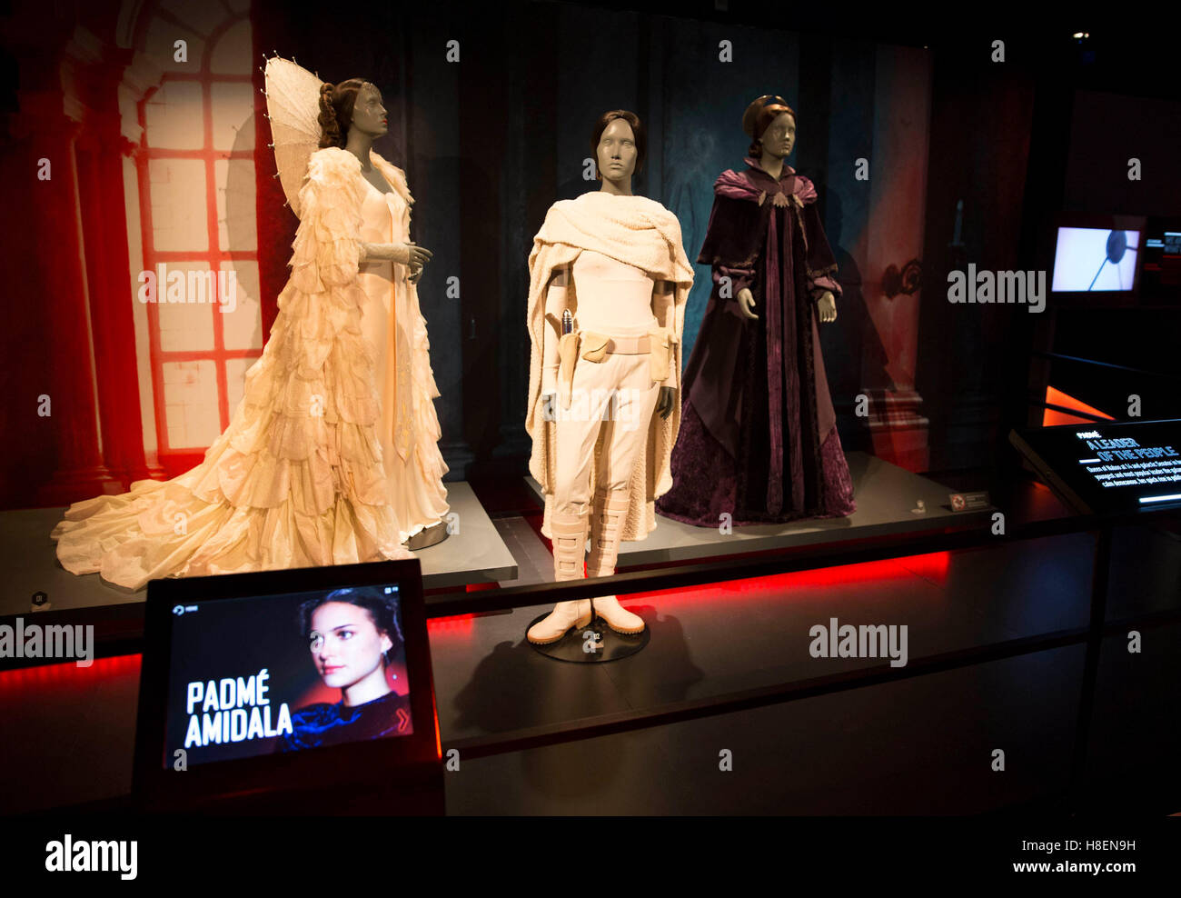 EDITORIAL USE ONLY Padme Amidala costumes go on display at The STAR WARS  Identities: The Exhibition at The O2 in London, which features over 200  props, models, costumes and artwork from the