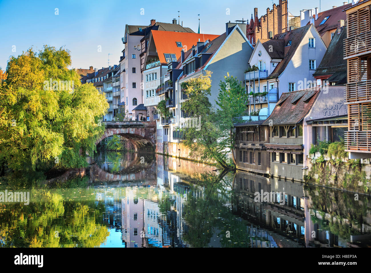 The riverside of Pegnitz river in Nuremberg town, Germany Stock Photo