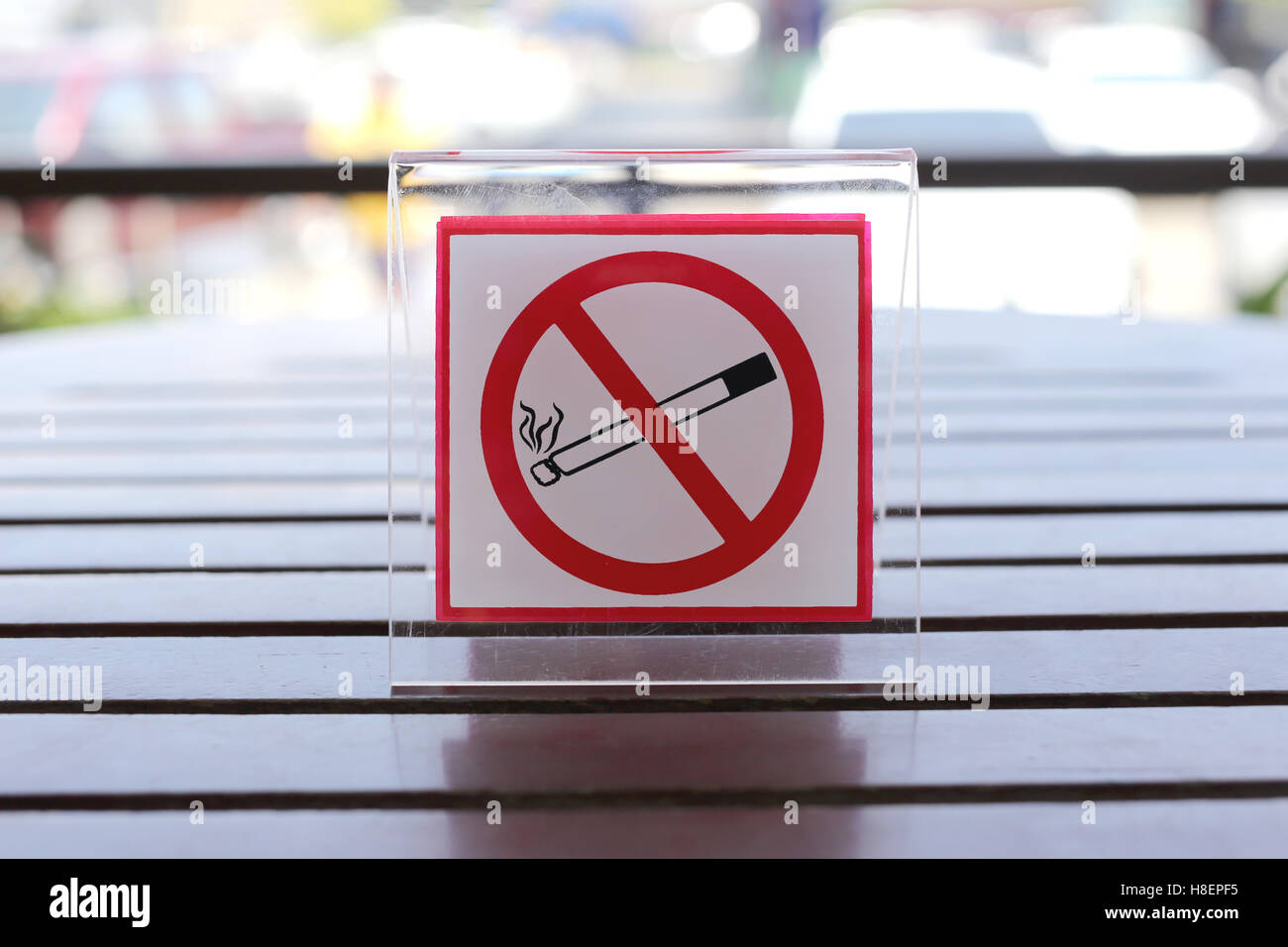 Signs of no smoking on the table in restaurant. Stock Photo