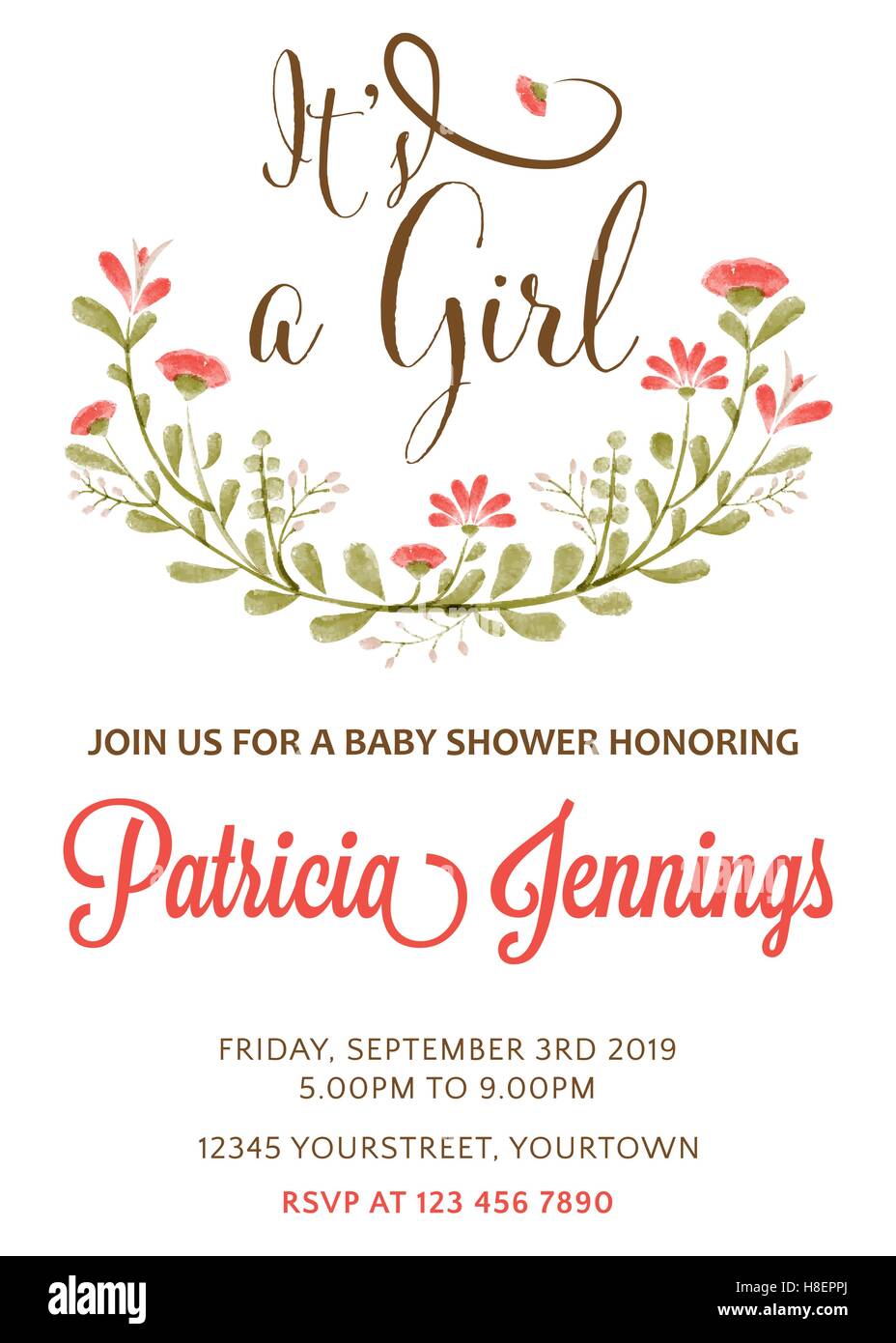 beautiful baby girl shower template with watercolor flowers, vector ...