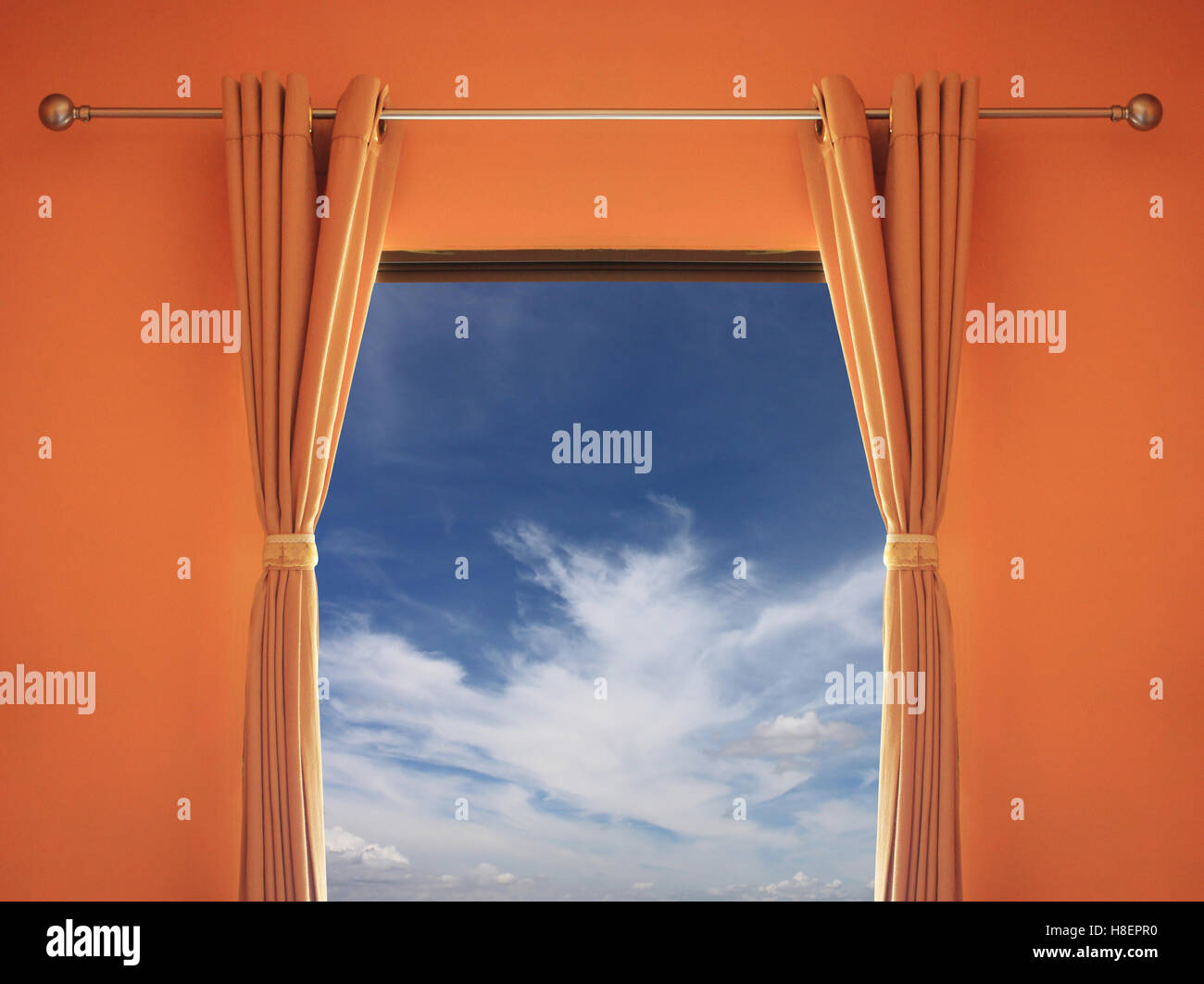 orange room have a window with blinds you can see blue sky for design