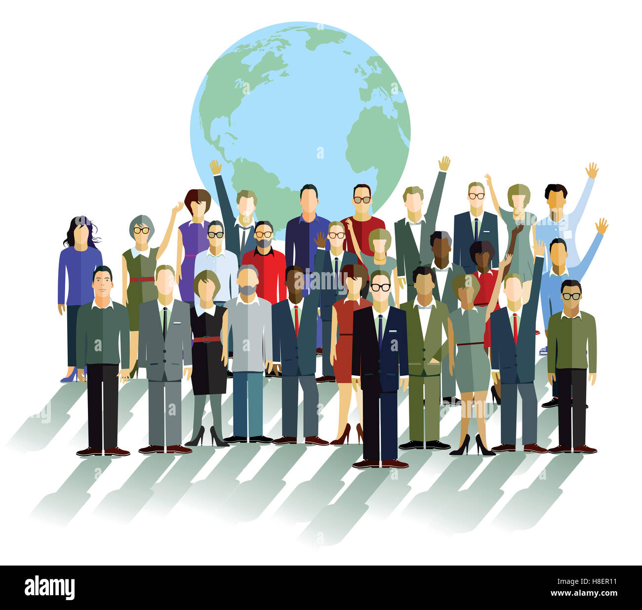 Group of people in front of a globe Stock Photo - Alamy