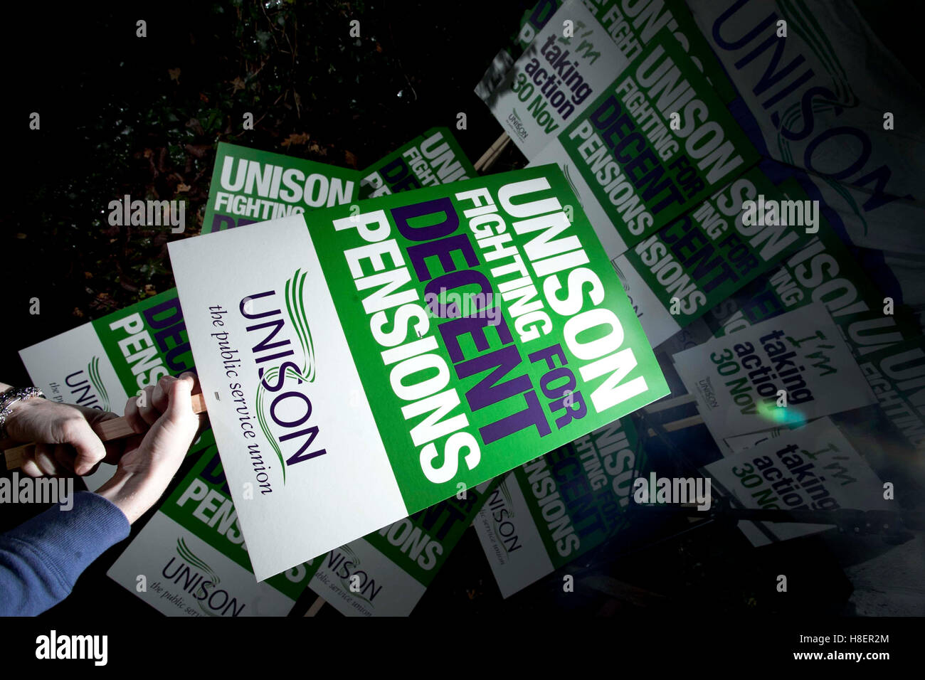 Unisons placards - fighting for decent pensions Stock Photo