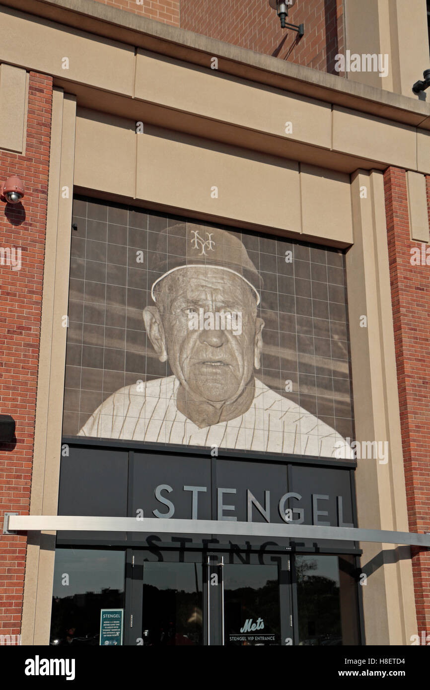 Memorial mosaic to Casey Stengel above an entrance to Citi Field, the home stadium of the MLB New York Mets, United States. Stock Photo