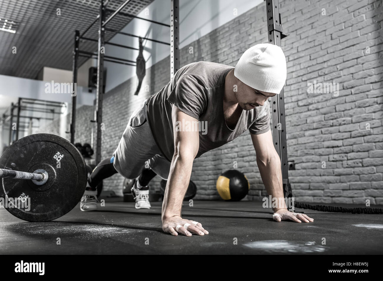 Pushup workout in gym Stock Photo