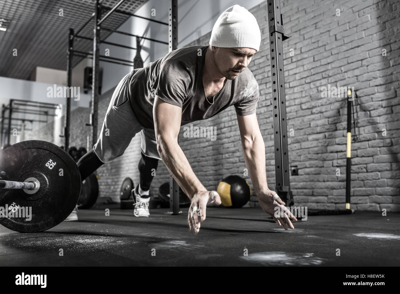 Pushup workout in gym Stock Photo