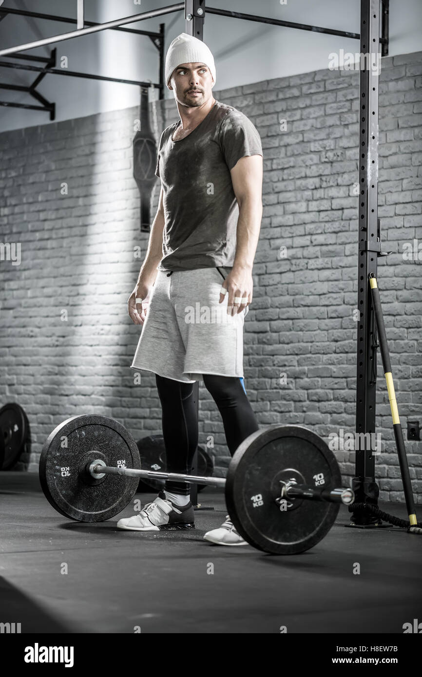 Man's crossfit workout with barbell Stock Photo Alamy