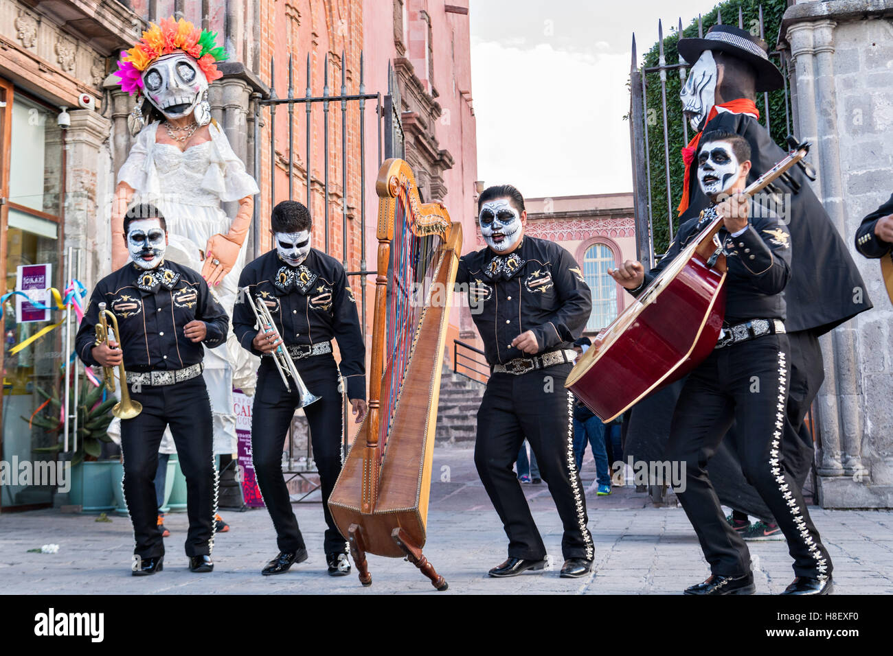 A mariachi band dressed as skeletons for the Day of the Dead festival