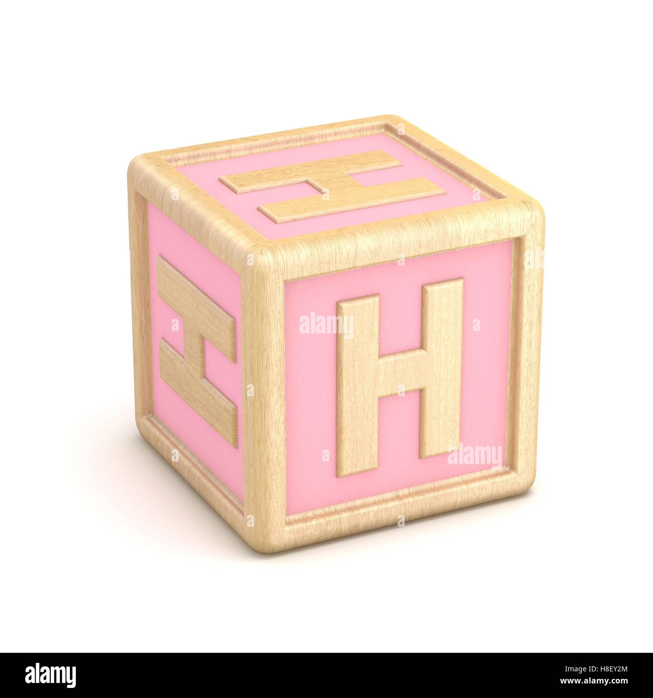 Letter H wooden alphabet blocks font rotated. 3D render illustration isolated on white background Stock Photo
