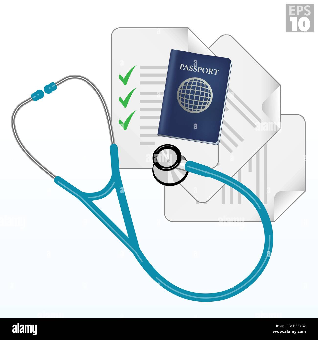 Travel immunization, vaccination checklist, passport, documents, stethoscope Stock Vector