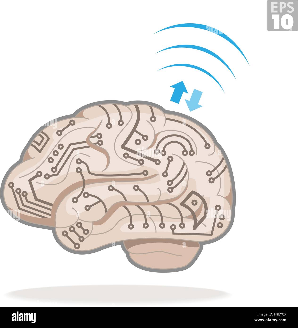 Human brain with electronic circuits, processing information and transferring data wirelessly. Stock Vector