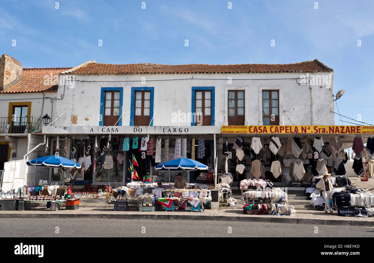 View of the artisan shops and products located on the hilltop O Sitio overlooking Nazare, Portugal. Stock Photo