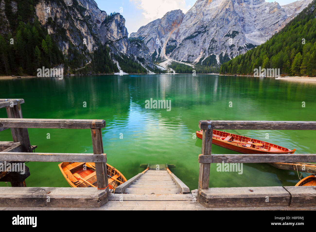 Boats On The Braies Lake Pragser Wildsee In Dolomites Mountains