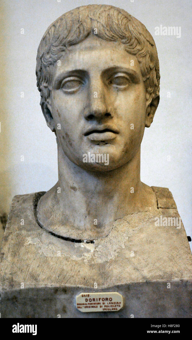 Doryphoros of Polykleitos. Greek statue, Classical era. C. 440 BC. Roman copy. Head. National Archaeological Museum, Naples. Italy. Stock Photo