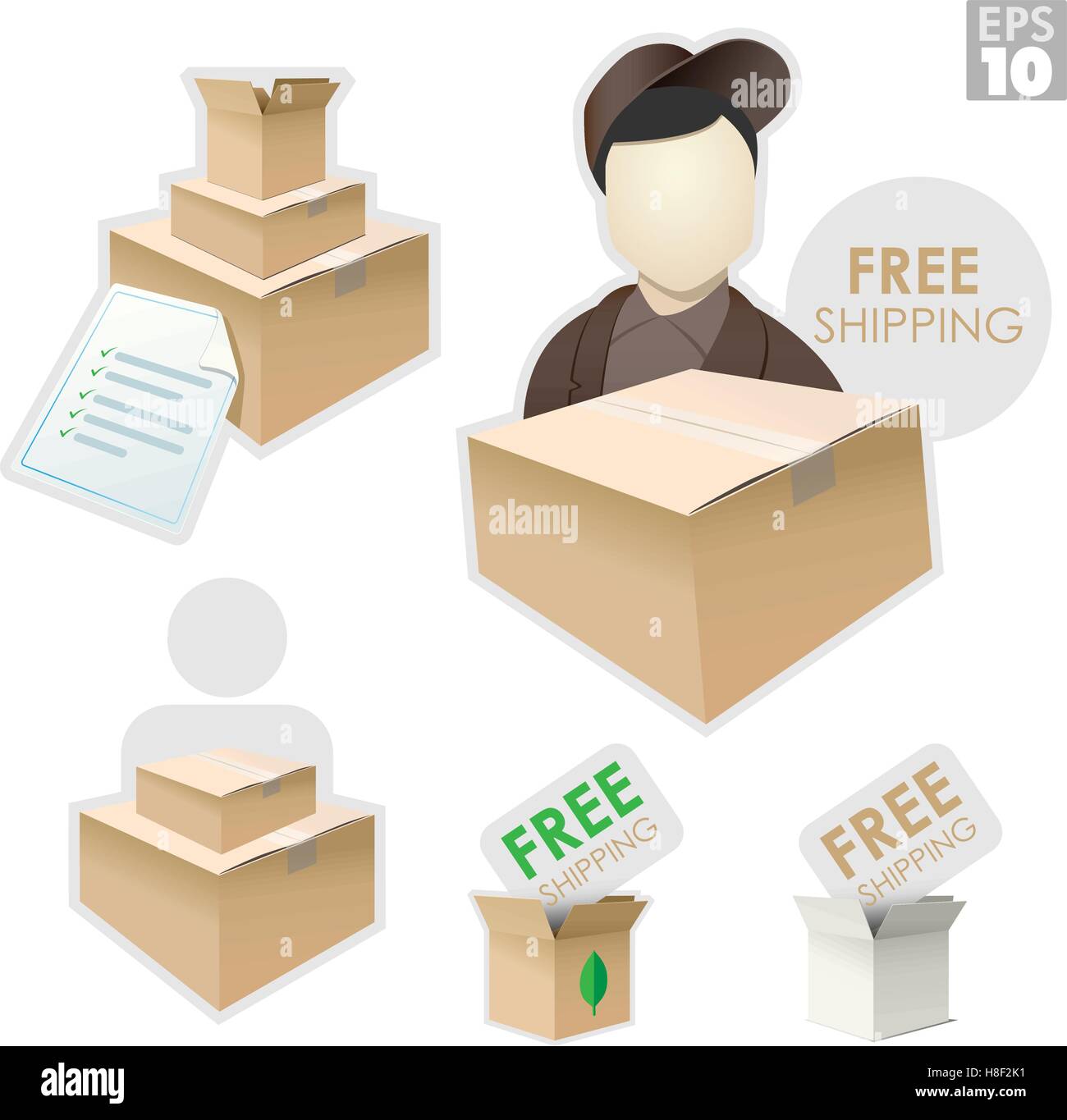 Delivery man with shipping box, packages with checklist invoice, free shipping Stock Vector