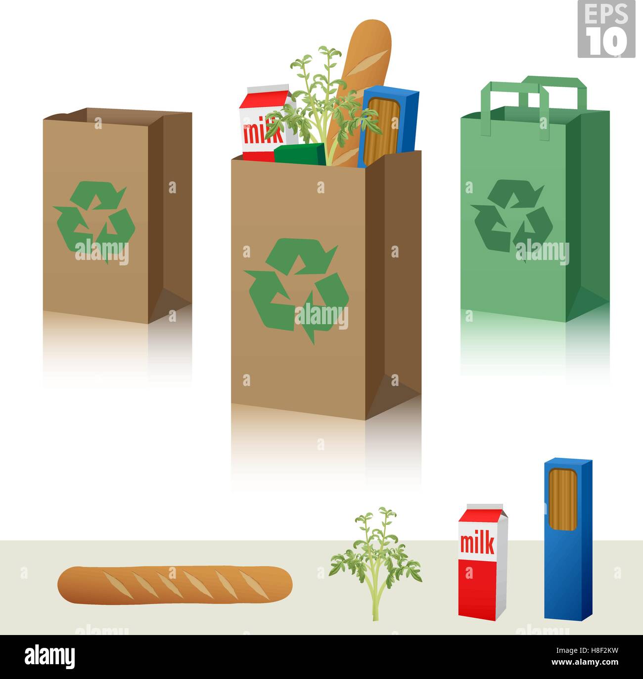 Grocery bag with milk carton, bread, vegetables, pasta. Brown paper bag and green recycle shopping bag Stock Vector