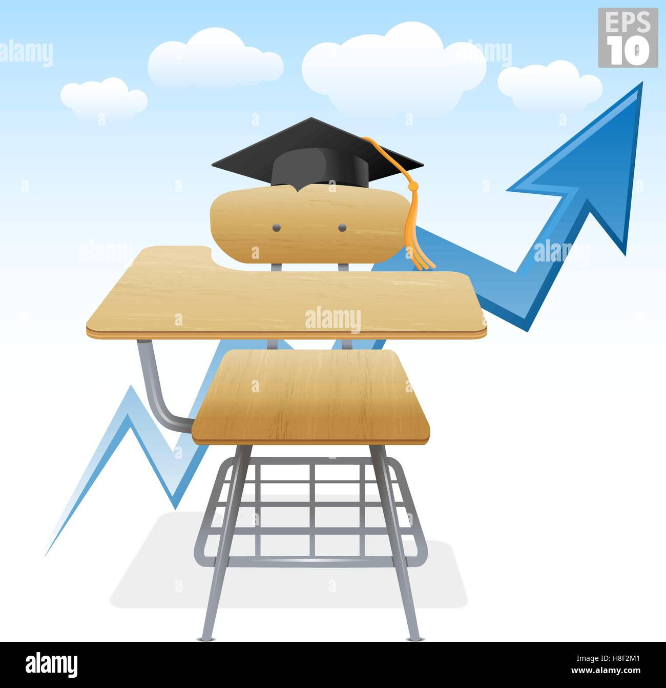Higher learning with school desk, graduation hat, and sky Stock Vector