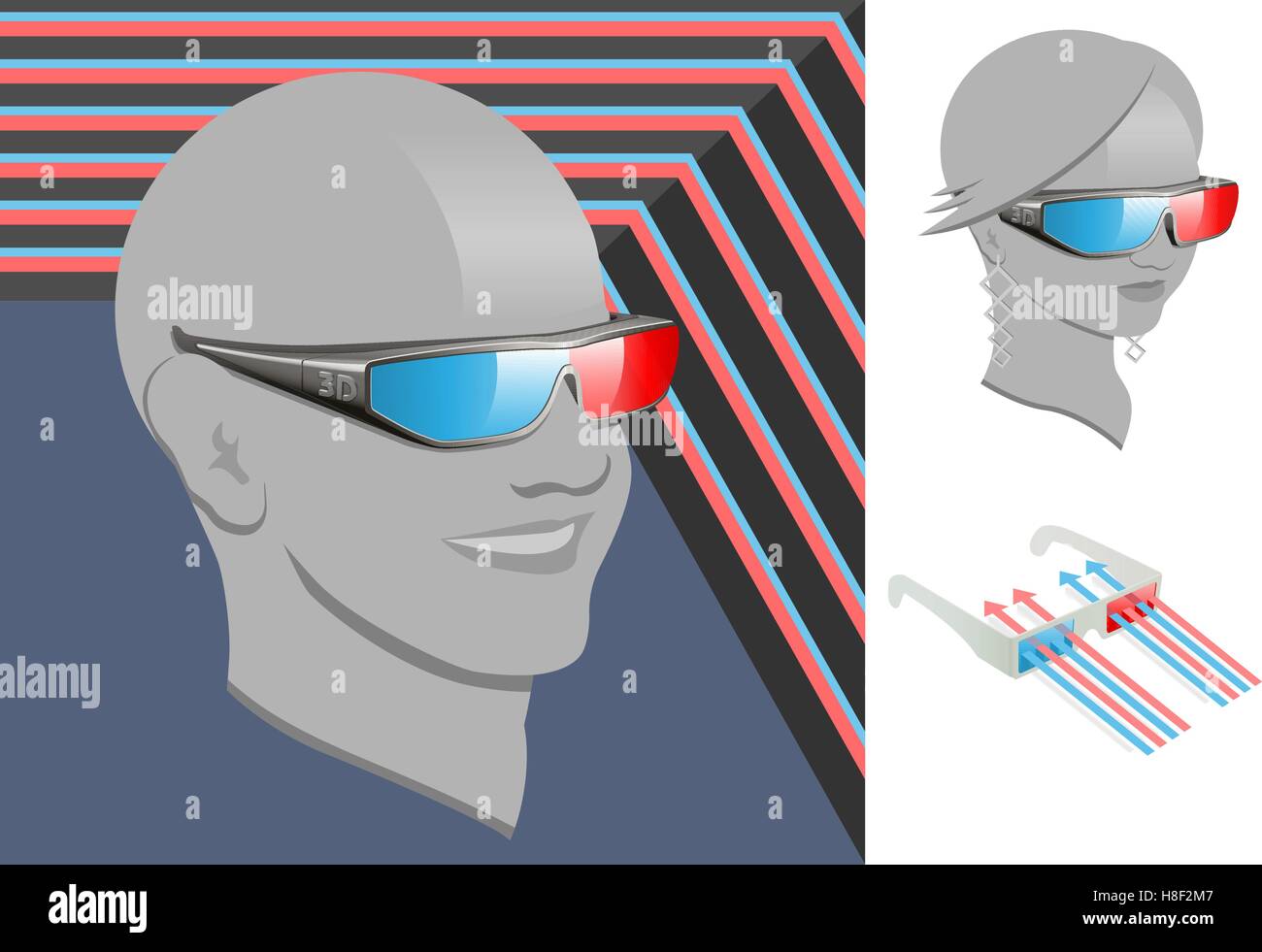 A male and female head using modern 3d glasses and traditional 3d glasses illustrating how the 3d glasses filter light. Stock Vector