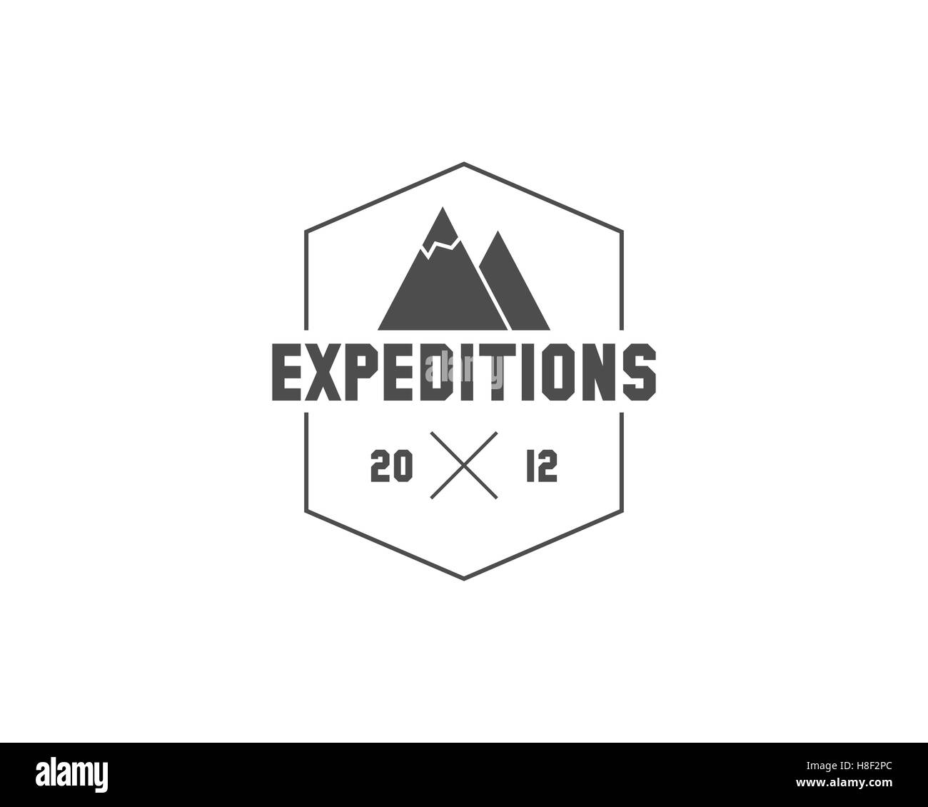 Vintage mountain expedition camping badge, outdoor logo, emblem and label concept for web, print. Retro stylish monochrome design. Easy to change color. illustration Stock Photo