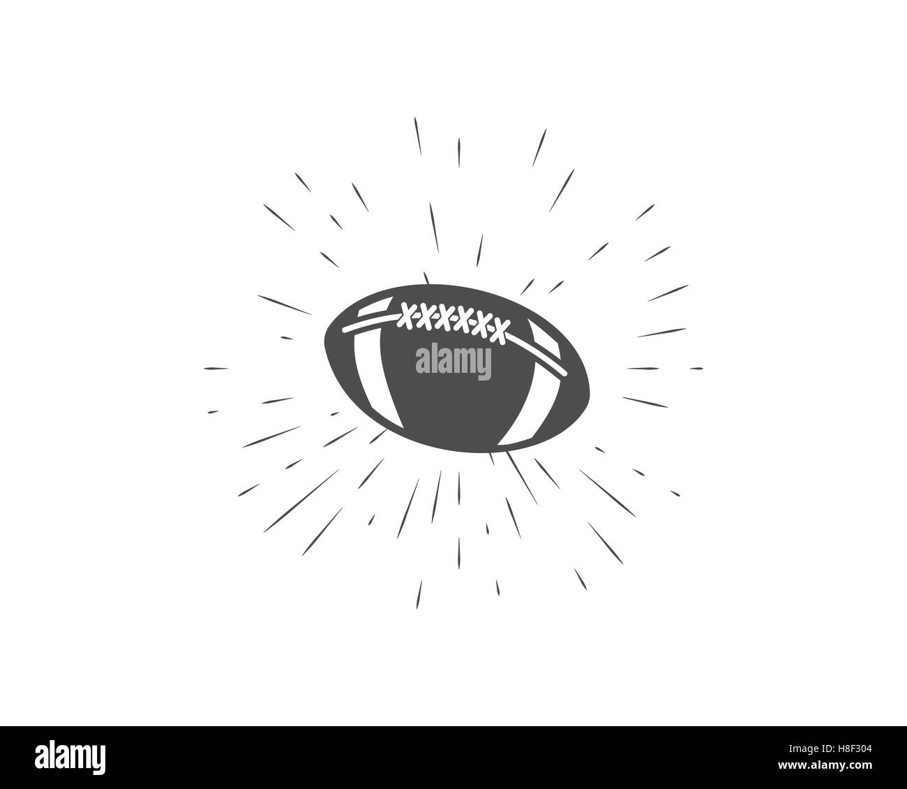 Vintage american football and rugby label, emblem and logo design with sunburst element. Hand drawn monochrome style with ball. Usa sports identity symbol. illustration. Stock Photo