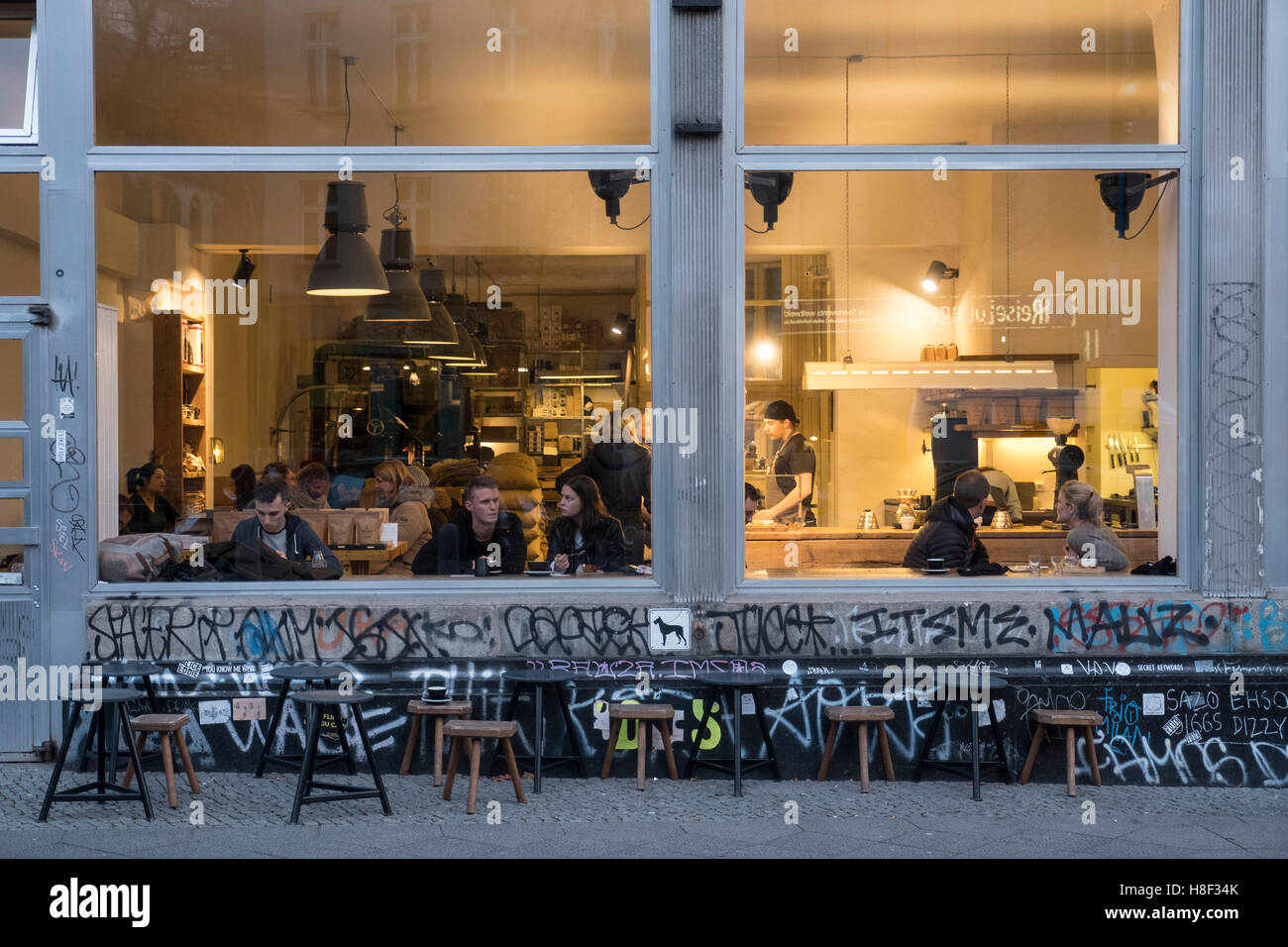 Evening view of The Barn, a gourmet bohemian coffee shop in Prenzlauer Berg , in Berlin, Germany Stock Photo