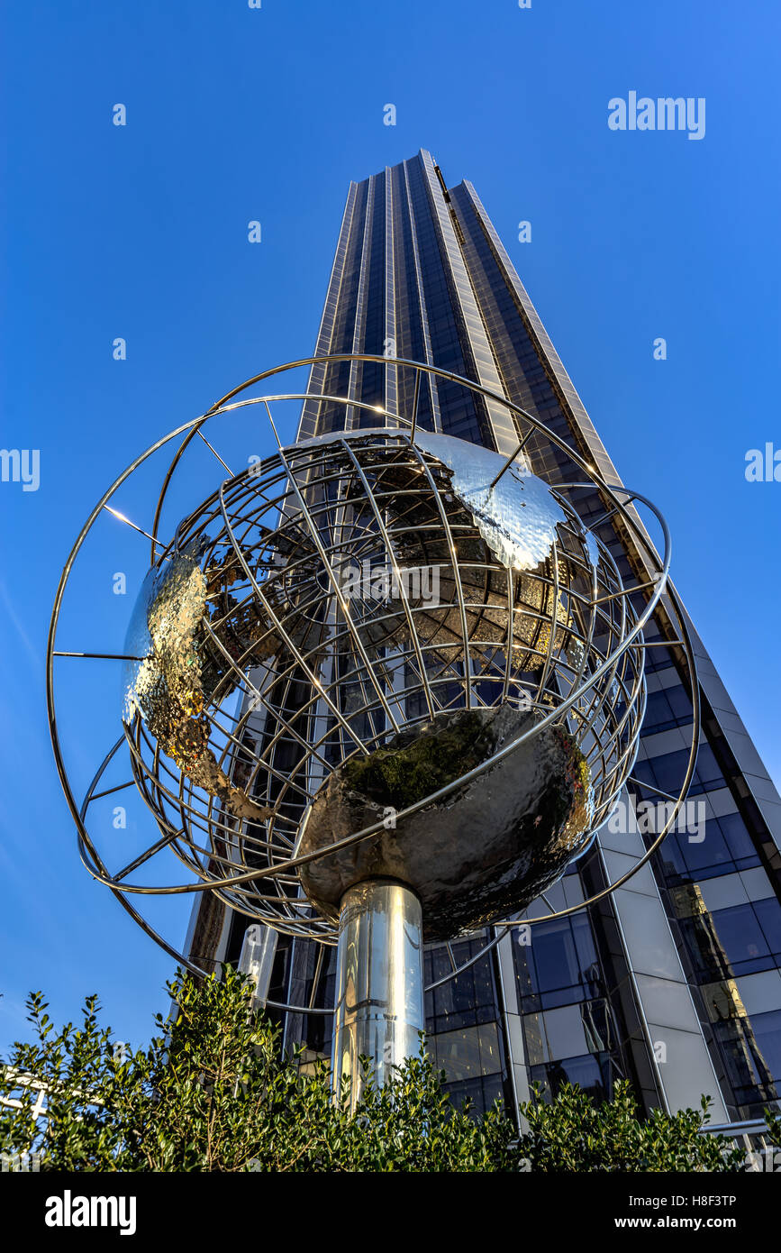 Trump International Hotel and Tower skyscraper with metal globe sculpture. Midtown, Manhattan, New York City Stock Photo