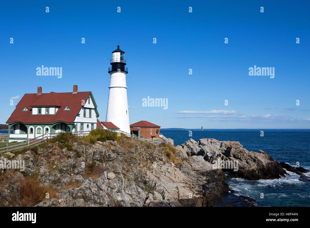 Portland Head Lighthouse is located at the entrance of Portland Harbor in Cape Elizabeth, Maine, USA. Stock Photo