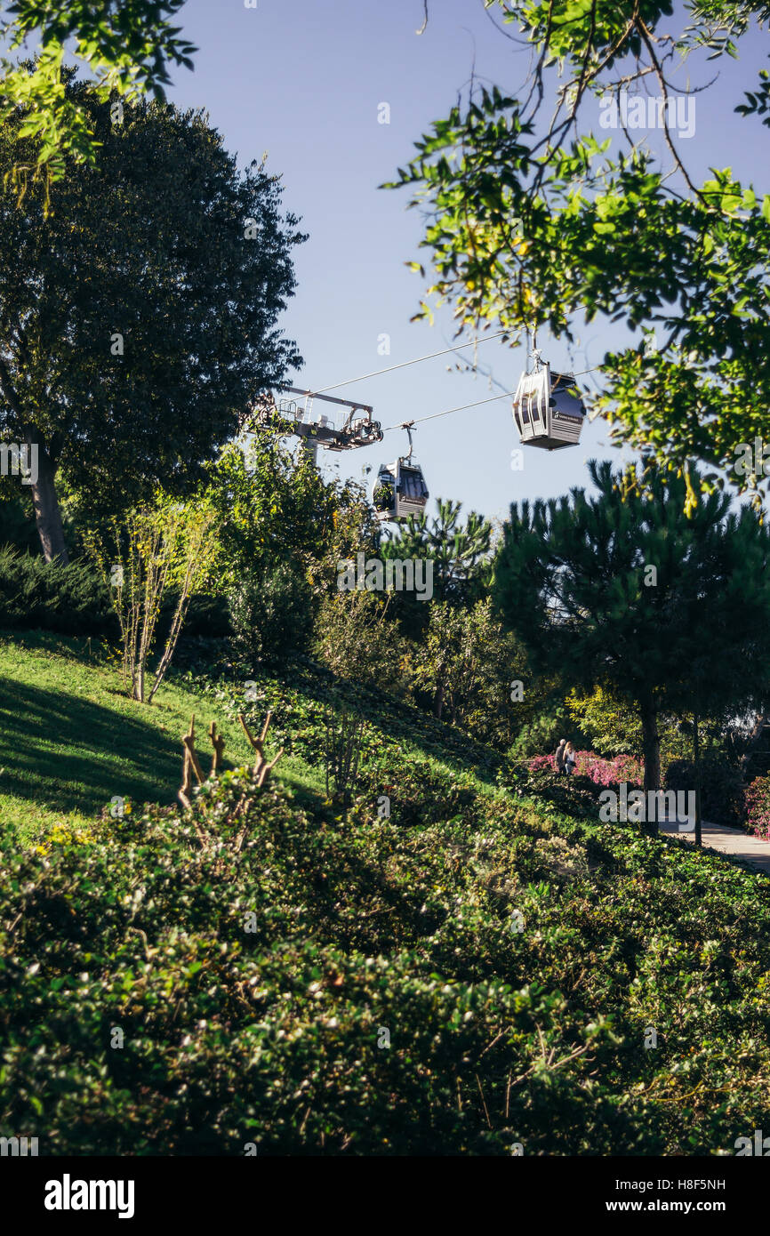 The cable car on the Montjuic mountain in Barcelona, Spain. Stock Photo
